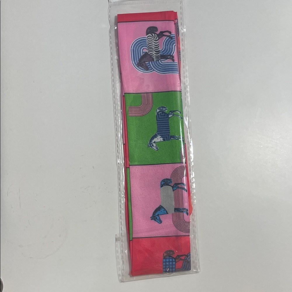 Silk-inspired Pink and Green Scarf Twilly with Horse Motif